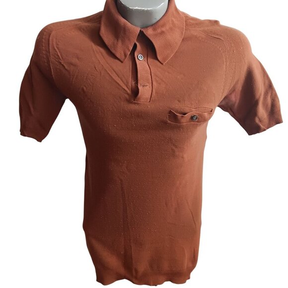 Vintage Small 70's Men's Brown Short-Sleeve Polo Shirt Pocket Acrylic Knit - Picture 1 of 5